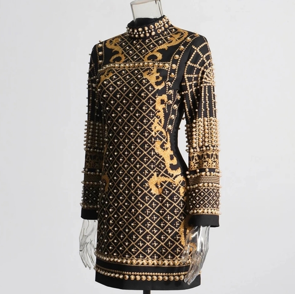 Dresses For Women Round Neck Long Sleeve High Wiast Spliced Pearls Slimm Dress - Picture 8 of 8